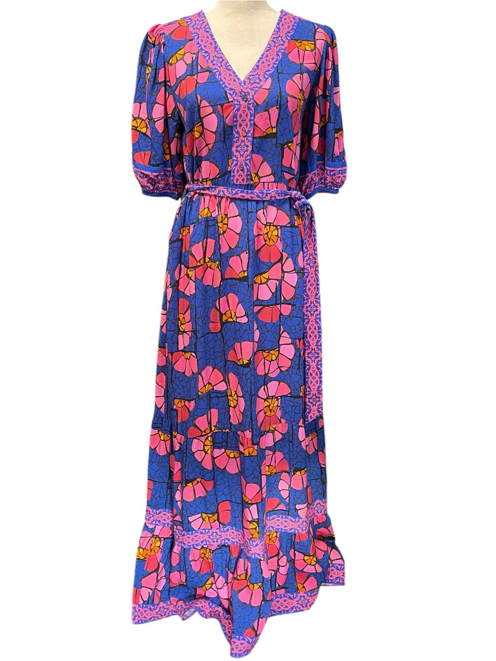 Celina Moon V-Neck Bold Geometic Absract Floral Short Sleeve Maxi Dress Day M
